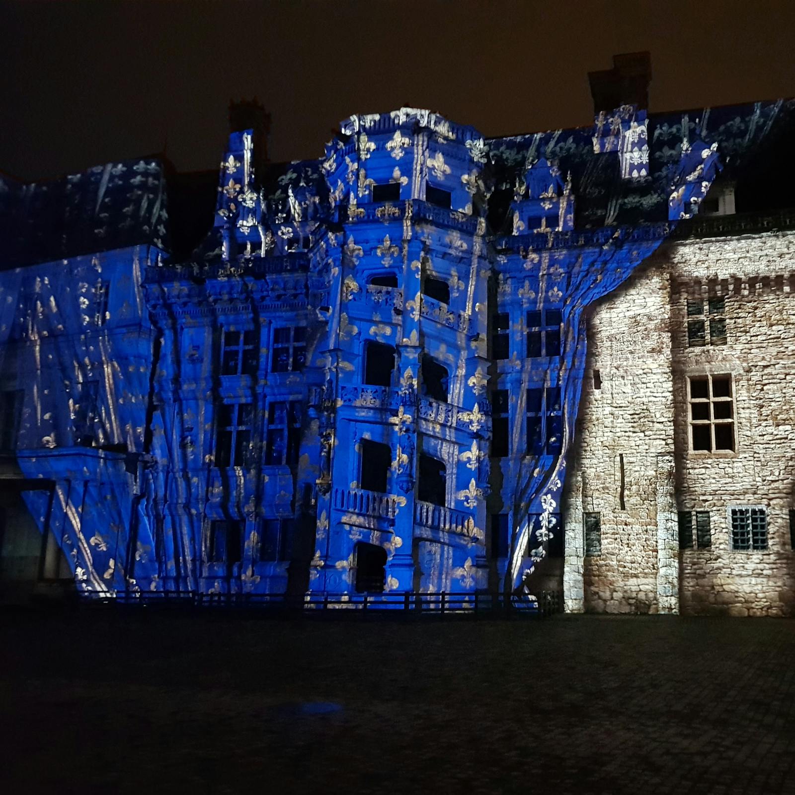 Vista notturna del Castello Reale di Blois illuminato di blu